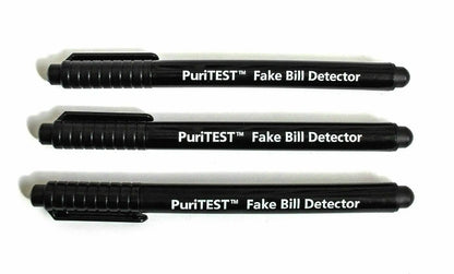 Front view of three PuriTEST fake bill detector pens on a white background