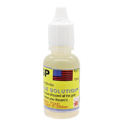 Front view of JSP stannous chloride gold test solution bottle showcasing 15mL label and white cap against white background