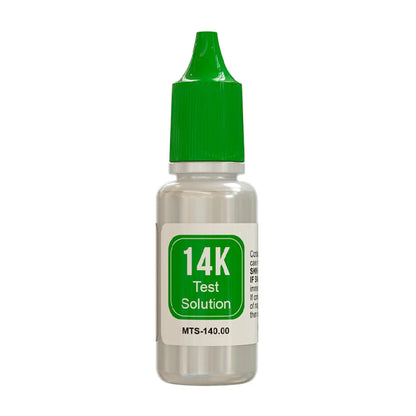 Front view of 14K test solution bottle showcasing green cap and 14K Test Solution label on white background