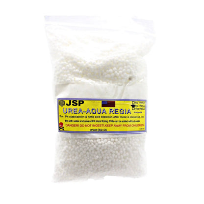 Front view of JSP Urea 8 oz Aqua Regia neutralizer showcasing white pellets in a clear bag on a white background