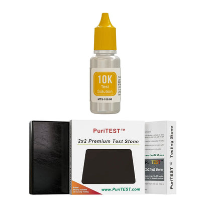 Front view of PuriTEST gold testing kit showing 10K test solution and 2 by 2 premium test stone on white background