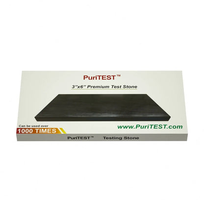 Front view of PuriTEST 3 by 6 inch premium test stone showcasing a black testing surface and packaging labeled for over 1000 uses