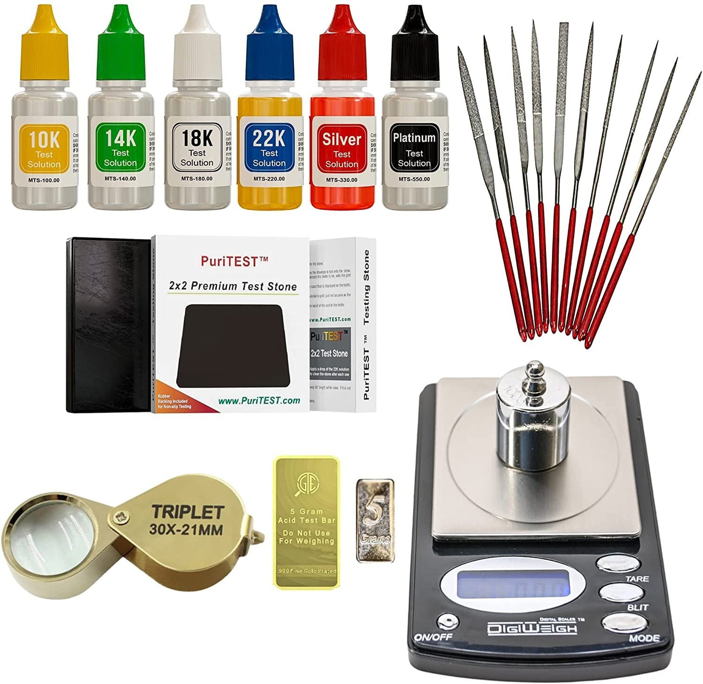 Precious Metal Testing Supplies Digital Scale + Gold/Silver/Platinum Testing Kit + PRO Test Stone + Eye Loupe + 10pcs File Tool Set + Real Solid Silver/Plated Fake Gold