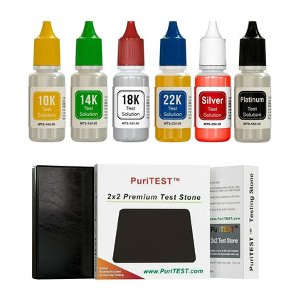 Front view of PuriTEST test kit showing six labeled solutions and a 2x2 premium test stone on white