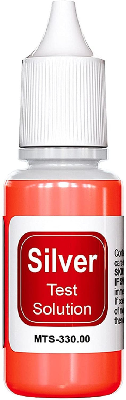 Front view of Silver Test Solution bottle showcasing the MTS 330 00 label with a white background