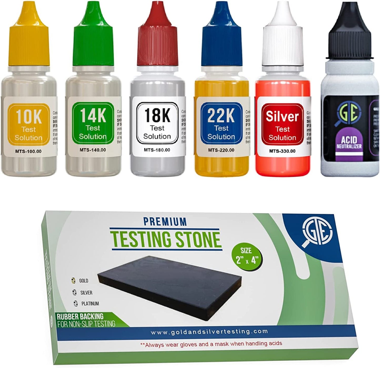 PuriTEST Gold and Silver Jewelry Testing Solutions Kit 10k 14k 18k 22k 24k Scratch Stone Acid Test Scrap Bars Coins