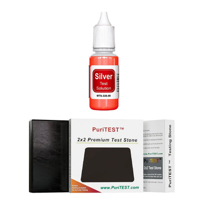 Front view of PuriTEST gold and silver testing kit showcasing silver test solution and 2x2 test stone on white background