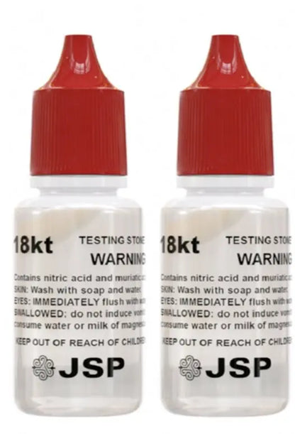 Front view of two JSP 18K gold jewelry testing acid solution bottles with red caps on a white background