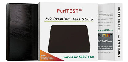 Front view of PuriTEST 2x2 Premium Test Stone package with black testing stone and rubber backing