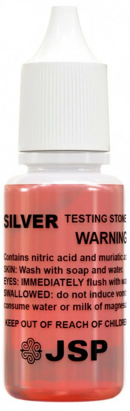 Close-up of silver testing acid bottle showcasing red solution, white cap, and JSP label