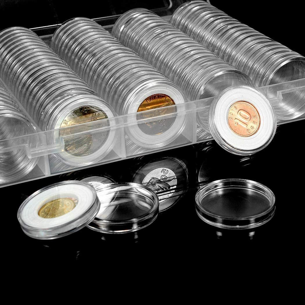 100 Pieces Case Holder for Collectors 30mm Silver Gold Bar Plastic Round Coin Capsules Covers with Storage Organizer Box for Copper Pesos Quarters Pennies Dimes Collection Supplies