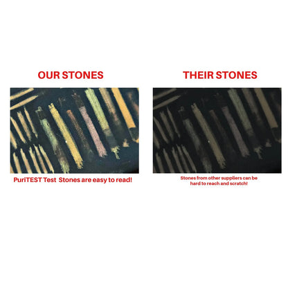 Our Stones versus Their Stones showing PuriTEST test stones are easy to read while other suppliers stones can be hard to reach and scratch