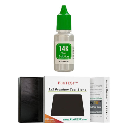Front view of PuriTEST Gold and Silver Testing Kit showcasing 14K test solution and 2x2 premium test stone with white background