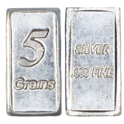 Front and back views of a solid silver bullion bar from a set of five, marked 5 Grams and SILVER .999 FINE on white