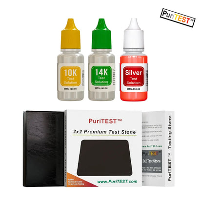 Front view of PuriTEST gold and silver testing kit showcasing 10K, 14K, silver solutions and test stone on white background