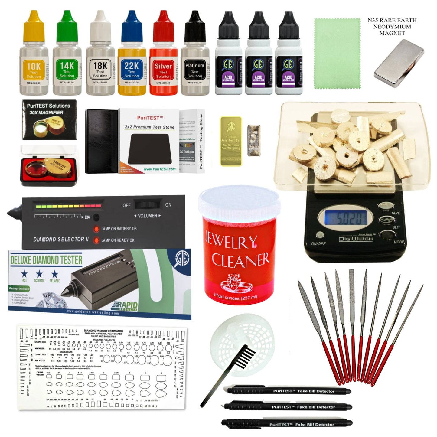 Jewelry Appraisal Kit | Gold, Silver & Platinum Testing Set with Scale, Diamond Tester, 30X LED Magnifier, Rare Earth Magnet & Jewelry Cleaner