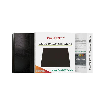 Front view of PuriTEST 2x2 Premium Test Stone showcasing rubber backing and test stone packaging on a white background
