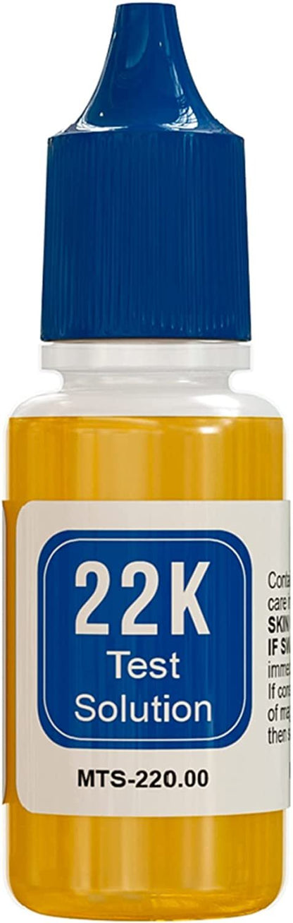 Front view of a 22K test solution bottle showcasing its blue cap and yellow liquid against a white background