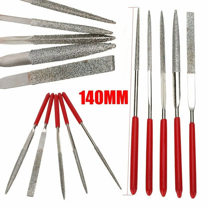 Close-up of red-handled diamond files showcasing 140 mm length with a white background