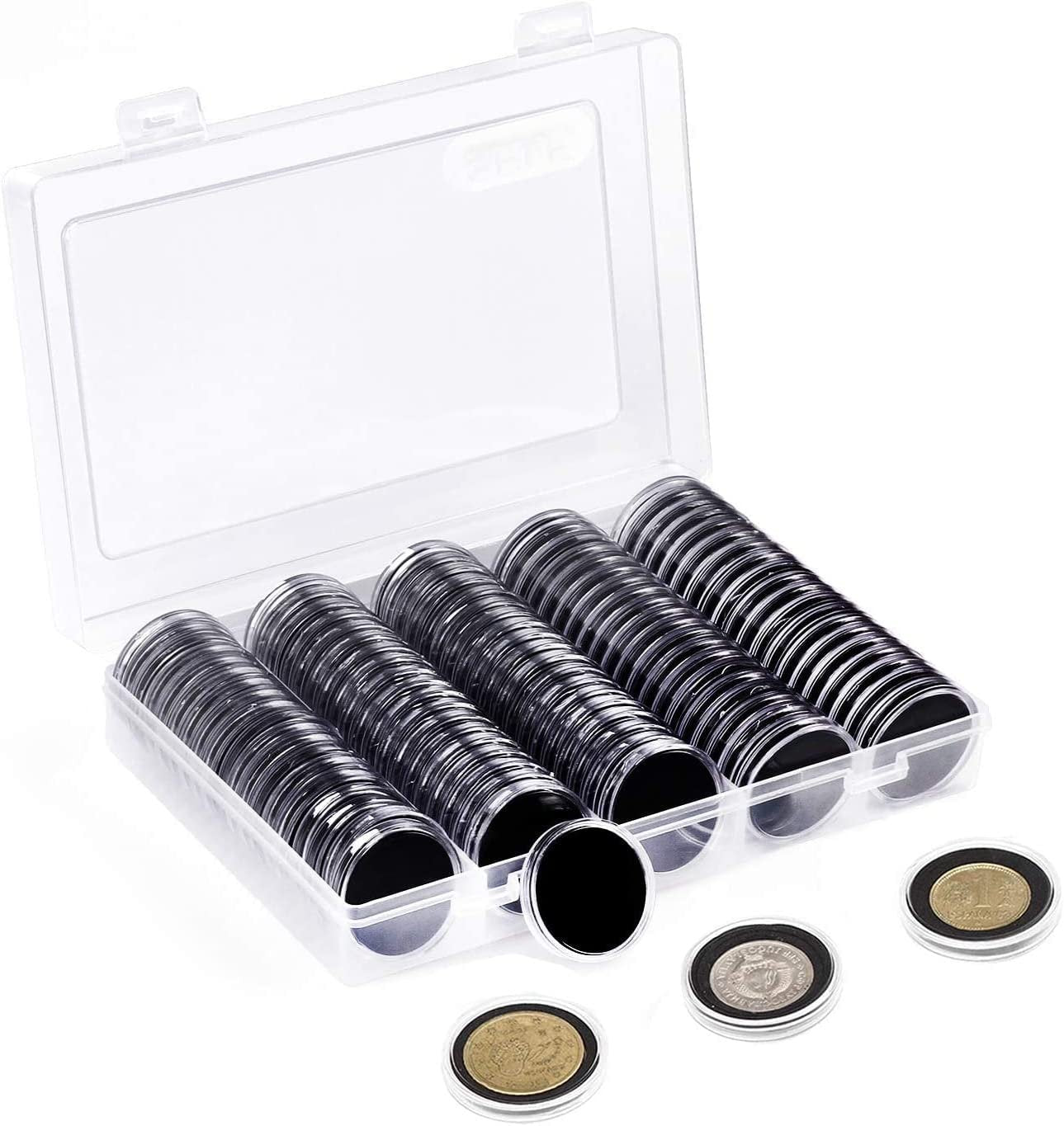 100 Pieces Case Holder for Collectors 30mm Silver Gold Bar Plastic Round Coin Capsules Covers with Storage Organizer Box for Copper Pesos Quarters Pennies Dimes Collection Supplies