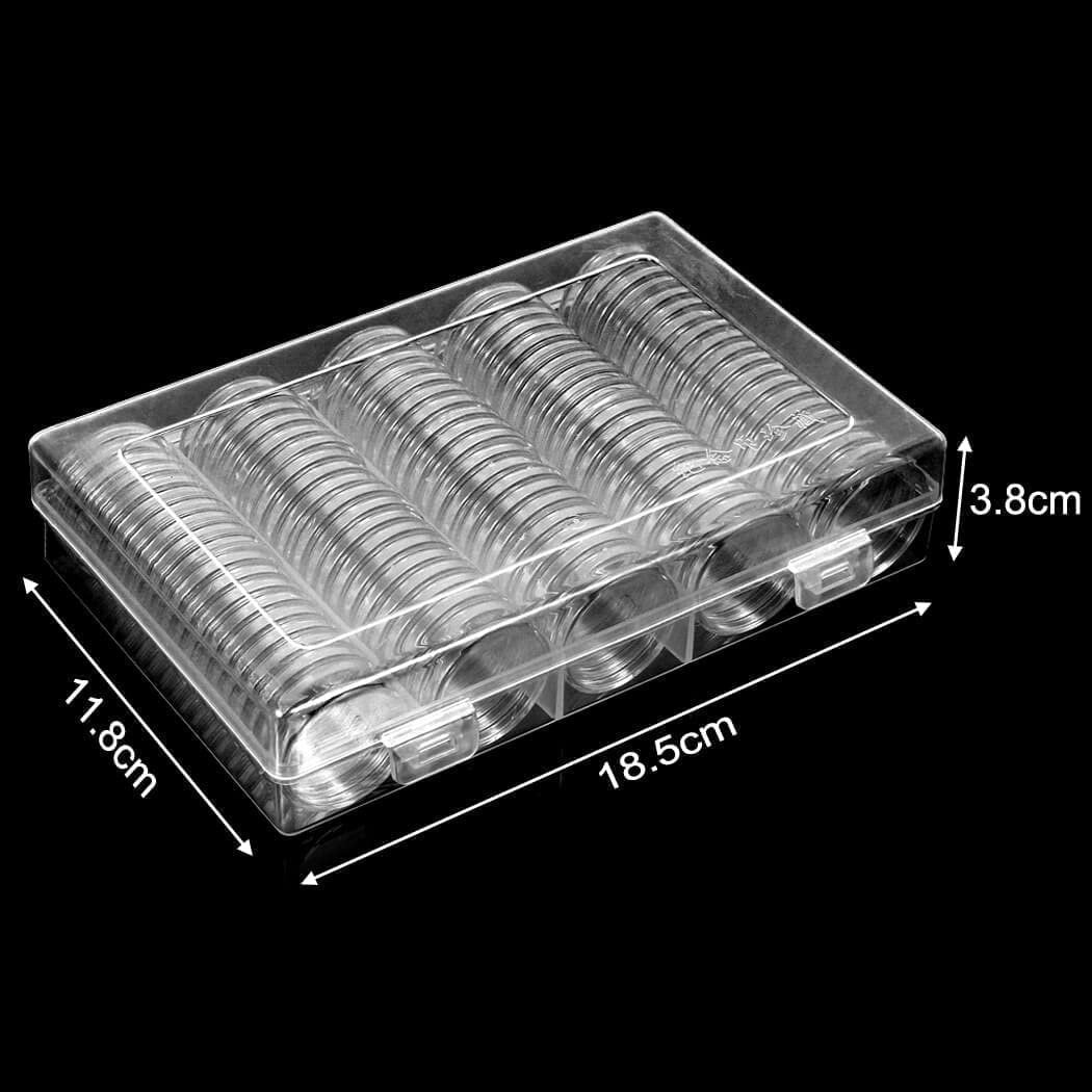 100 Pieces Case Holder for Collectors 30mm Silver Gold Bar Plastic Round Coin Capsules Covers with Storage Organizer Box for Copper Pesos Quarters Pennies Dimes Collection Supplies