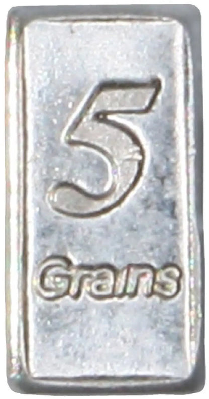 Front view of a 5 grain solid silver bullion bar showcasing its 999 fine silver finish and 5 Grains marking with a plain background