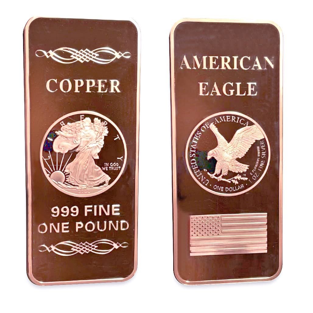 1 LB Troy Ounce/OZ .999 Pure American Metal Walking Liberty Eagle BAR Gold Copper Silver Precious Metals Pound Paperweight Pure Element CU Chemistry