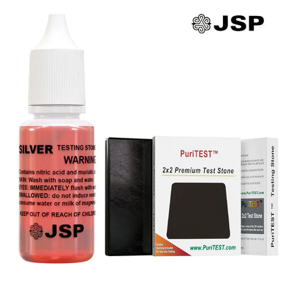 Front view of JSP silver testing acid kit with silver testing solution bottle and boxed test stone on white background