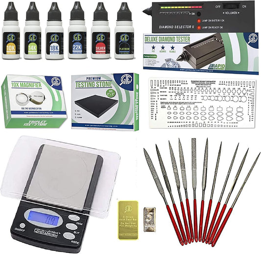 Gold Silver Platinum Diamond Jewelry Tester Appraisal Kit 10K 14K 18K 22K 24K Electronic Scale Test 30X Eye Loupe Magnifier Precious Metals 999 925 Scrap