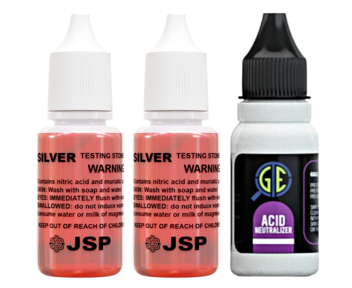2 JSP Silver Test Acid Jewelry Testing Sterling Solution w/ Neutralizer & PuriTEST Stone