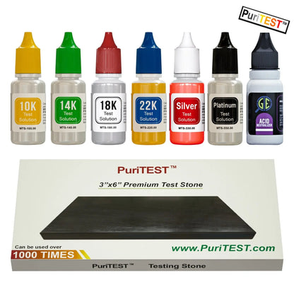 PuriTEST acid testing kit with 10K, 14K, 18K, 22K, silver, platinum and neutralizer bottles plus 3 by 6 inch test stone