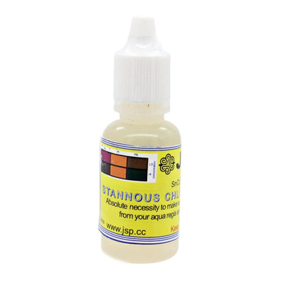 Front view of JSP stannous chloride gold test refining solution showcasing premixed 15 mL acid in a white bottle