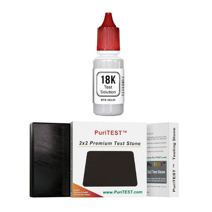 Front view of PuriTEST gold testing kit showing 18K test solution bottle and 2x2 premium test stone on white background