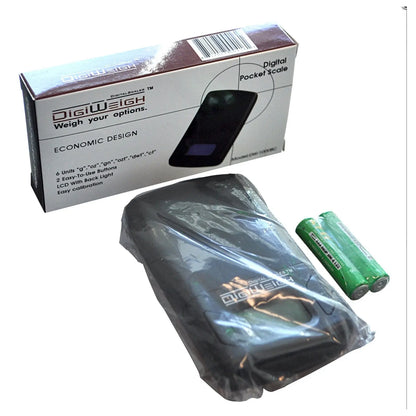 Angled view of JSP appraisal kit digital pocket scale showcasing compact design with two batteries and packaging on a white background