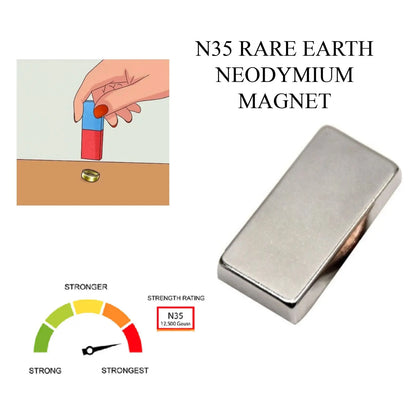 N35 rare earth neodymium magnet with 12,500 Gauss strength rating shown beside a strength gauge