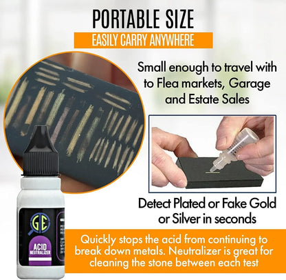 Product collage of gold, silver, platinum and diamond testing kit showcasing portable size and fake gold detection