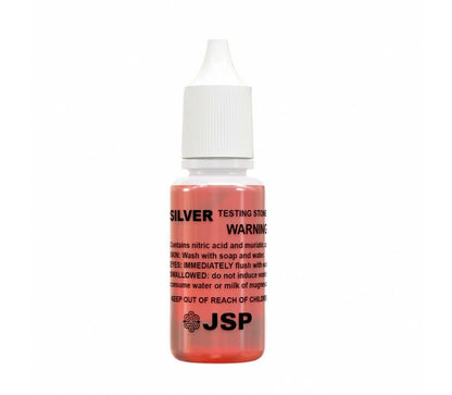 Front view of a JSP silver testing solution bottle showcasing red testing liquid with a white dropper cap against a white background
