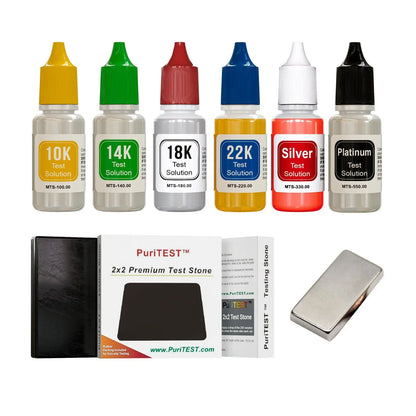PuriTEST jewelry metal testing kit with six labeled test solutions, testing stone, and rare earth magnet