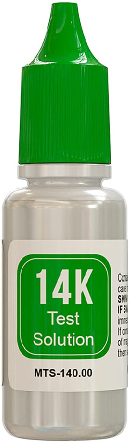 Close-up of a 14K test solution bottle with green cap labeled MTS-140.00