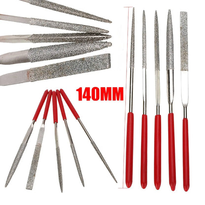 Close view of red handled diamond needle files showcasing varied abrasive tips and 140 millimeter length on a white background