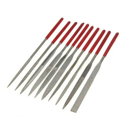 Angled view of 10 steel hand jewelry files showcasing assorted shapes and red handles with a white background