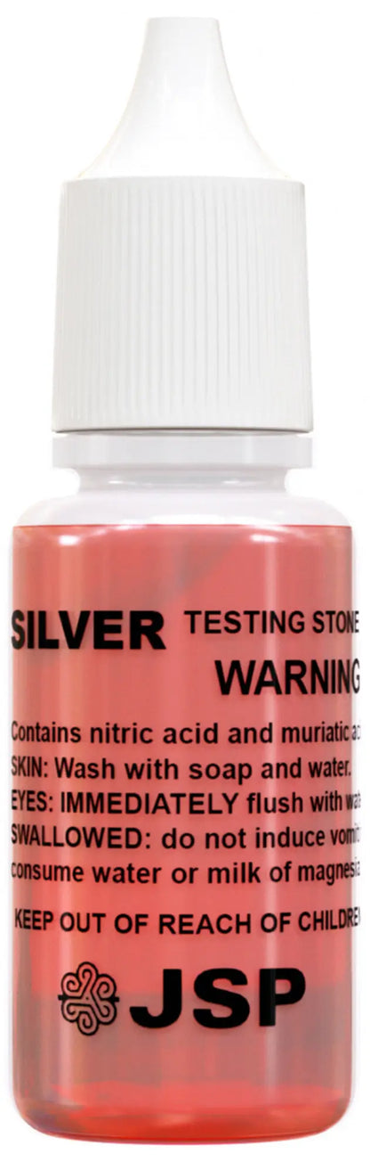 Front view of JSP silver testing stone bottle with red liquid and white cap on a white background