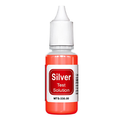 Front view of Silver Test Solution bottle showcasing a red bottle, white cap, and labeled front on a white background