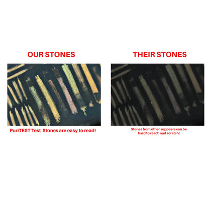 Comparison showing PuriTEST test stones are easy to read while other suppliers’ stones are hard to reach and scratch